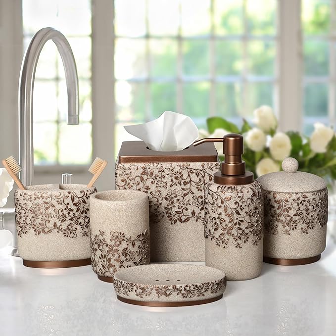 Decozen Bathroom Accessories Set 6Pcs – Soap Dispenser, Toothbrush Holder, Tumbler, Soap Dish & Cotton Swab Jar – Modern Bathroom Decor, Bath Set for Christmas Decor