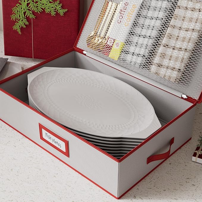 homyfort Platter Storage Case, Christmas China Storage Containers Box Hard Shell 17" x 13" x 5.5" for Platters Organizing, 4 Felt Dividers Included, Structured Top and Stackable