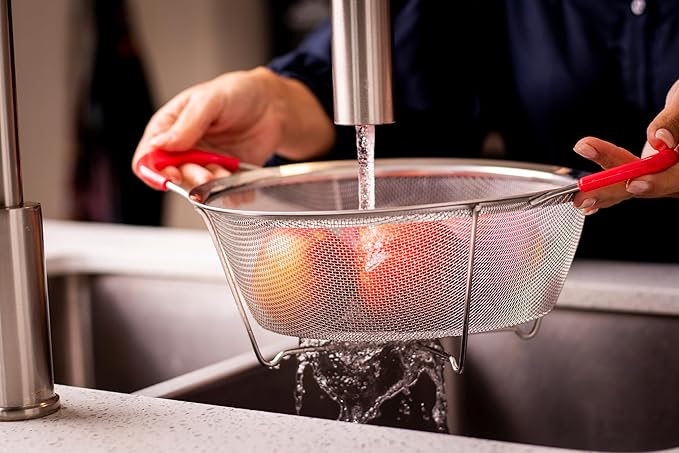 Hercules Chef by Mundial 9.8" Stainless Steel Colander Strainer with Red Silicone Handles – Heavy-Duty Fine Mesh for Pasta, Vegetables & Fruits – Dishwasher Safe Kitchen Essential