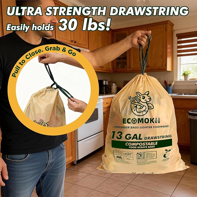 EcoMokii Compostable Trash Bags with Drawstring 13 Gallon, 60 Count, 49.2 Liter, 1.2 Mil Heavy Duty Extra Thick for Tall Kitchen Garbage Can, Compost Food Waste Bag, BPI (ASTM D6400)