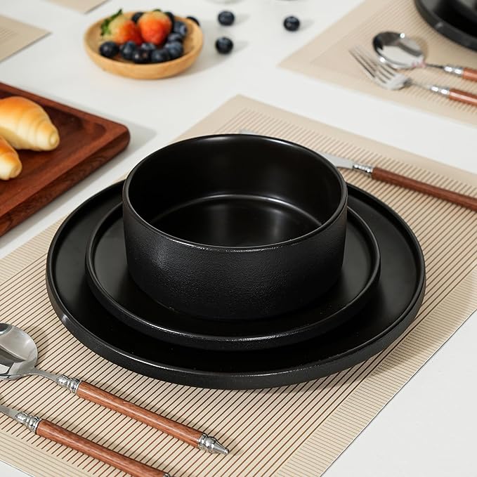 12 Piece Ceramic Dinnerware Set for 4, Modern Minimalist Stoneware Dinner Plates and Bowls, Microwave Safe, Dishwasher Safe, Versatile for All Seasons, Matte Black