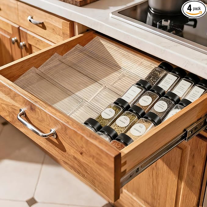 Spice Drawer Organizer, 4 Tier- 4 Pack Clear Acrylic Drawer Seasoning Organizers, Kitchen Spice Rack Tray Expandable From 11" to 22", Spice Rack Insert for Cabinet Countertop(Jars Not Included)