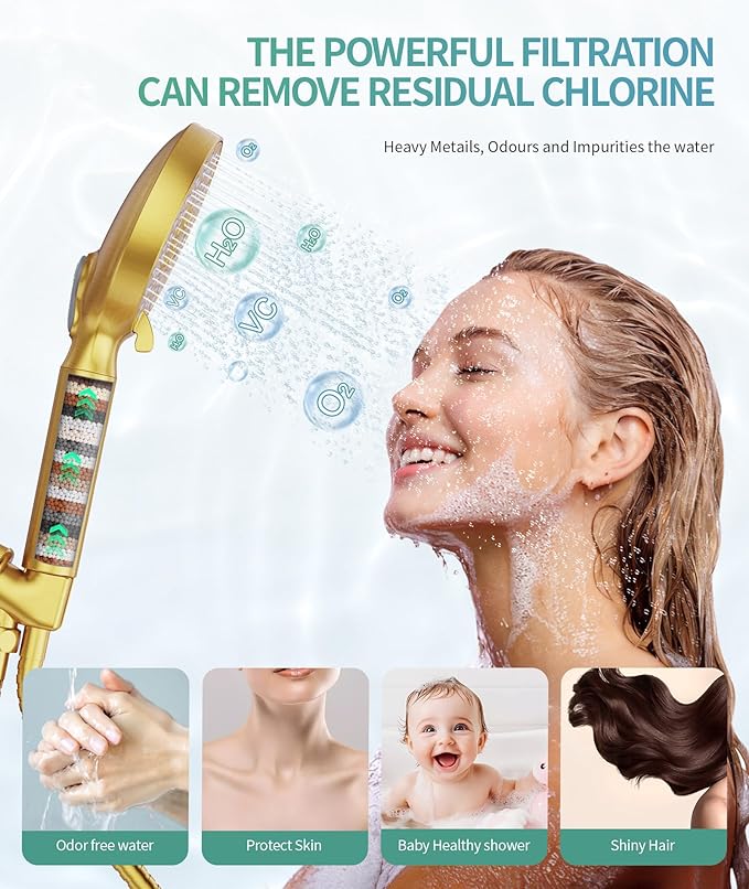Filtered Shower Head with Handheld, High Pressure 9 Spray Mode Brushed Gold Showerhead with Filters, Detachable Shower Head, Water Softener Filters Beads for Hard Water - Remove Chlorine