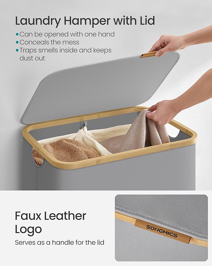 SONGMICS Laundry Hamper with Lid, 2-Section Large Laundry Basket, 34.3-gallon (130L), Removable Mesh Liner, Bamboo Handles, Collapsible, 20.5 x 15.2 x 27.8 Inches, Dove Gray ULCB513G01