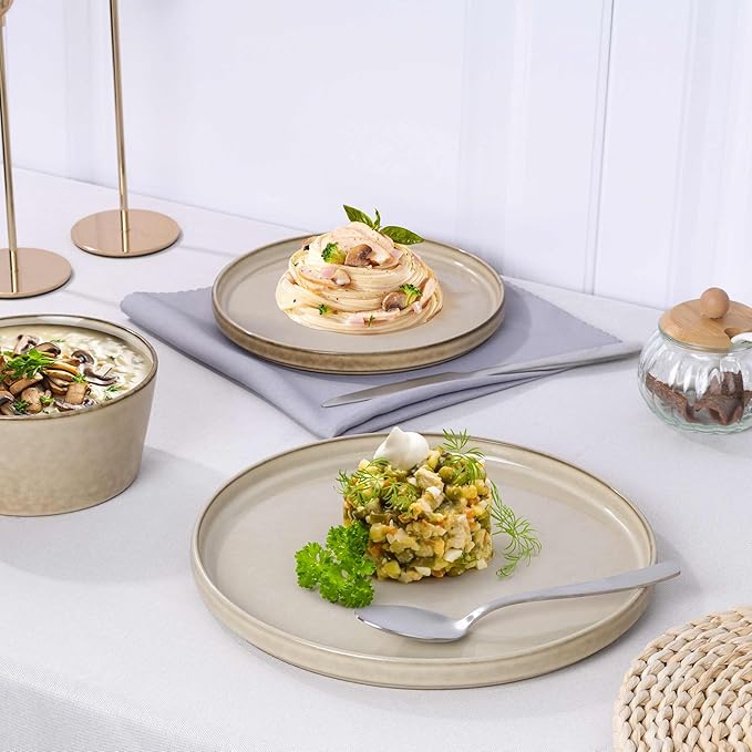 Herogo Stoneware Plates and Bowls Sets for 4, 12 Pieces Modern Dinnerware, Reactive Glaze Dishes Set for Kitchen, Chip Resistant, Microwave & Dishwasher Safe, Cream Khaki