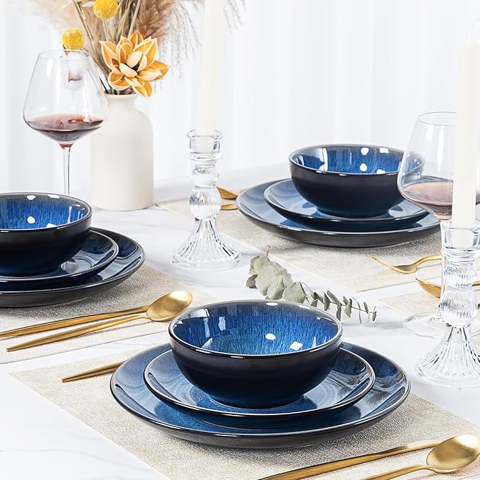 Plates and Bowls Sets for 8 - CJDC-QUELO 32-Piece Stoneware Dinnerware Sets, Ceramic Dishware Set for Indoor Kitchen Use and Formal Dining, Chip and Scratch Resistant Microwave Dishwasher Safe, Blue