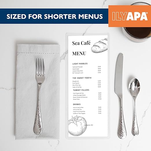 Ilyapa Restaurant Menu Covers 4.25 x 11 Inch - 30 Pack, Single Page, 2 View Clear Sleeves Holder for Restaurant, Durable PVC Hard Plastic Menu Holder