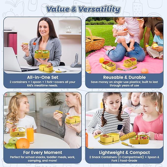Silicone Snack Containers for Kids (8.5Oz, 2-Compartment)+ Kids Silicone Cutlery Set (Spoon and Fork) - BPA Free, Leak Proof, Great for Toddler/Kid/Adult Meal Prep Containers (yellow)