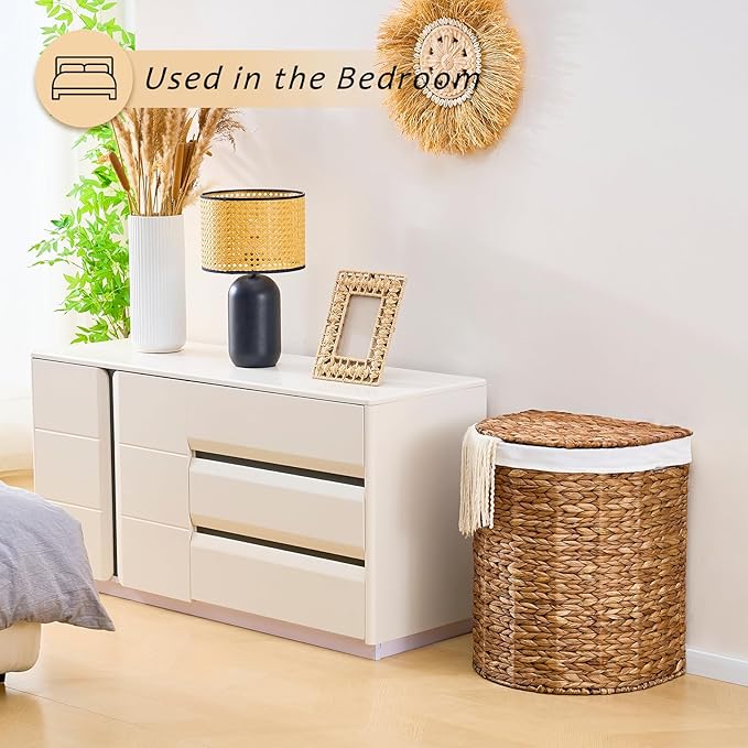 Water Hyacinth Laundry Hamper with lid, Half Moon Shape with 2 Removable Cloth Bags, Handwoven Boho Wicker Basket for Laundry Organization, Espresso