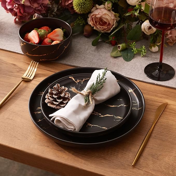 Black Gold Splash Dinnerware Sets, Marble Porcelain Plates and Bowls Sets, Modern Luxury Dish Set for 4, 12 Pieces Fine China Plates Set for Formal Dinners and Anniversaries