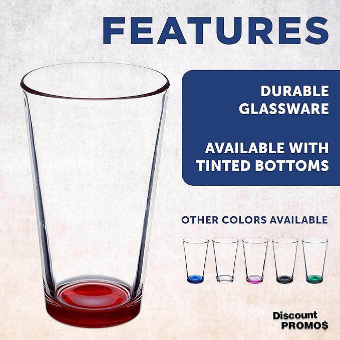 DISCOUNT PROMOS Beer Pint Glasses 16 oz. Set of 10, Bulk Pack - Heavy Duty Glassware for Restaurant, Thick Base and Walls, Stackable - Red