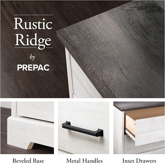 Prepac Rustic Ridge Farmhouse 6-Drawer Double Dresser, Washed White Dresser for Bedroom, Chest of Drawers with 6 Storage Drawers, 53.25” wide x 18.25” deep x 28.5” tall, Washed White