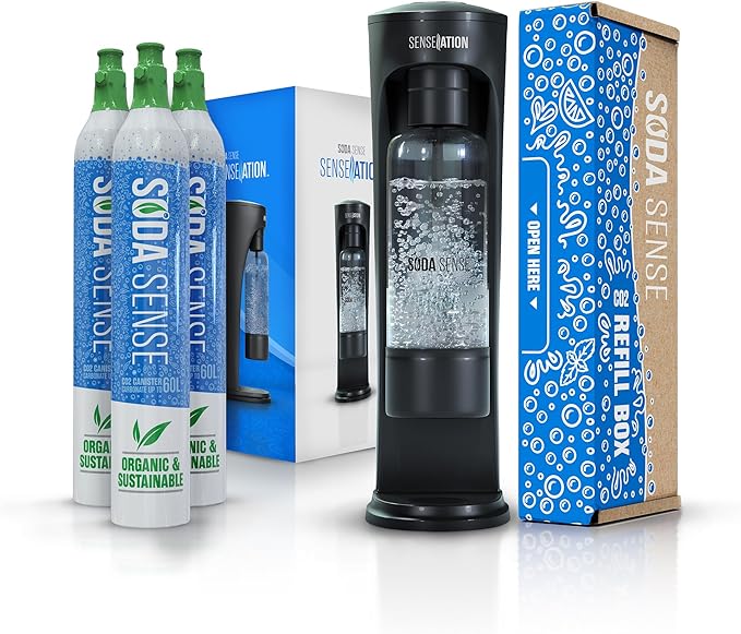 SENSEation Soda Machine Kitchen Gadgets, New Home Essentials - Sparkling Water Maker Set With 3 Threaded CO2 Cartridges & Reusable Carbonation Bottle