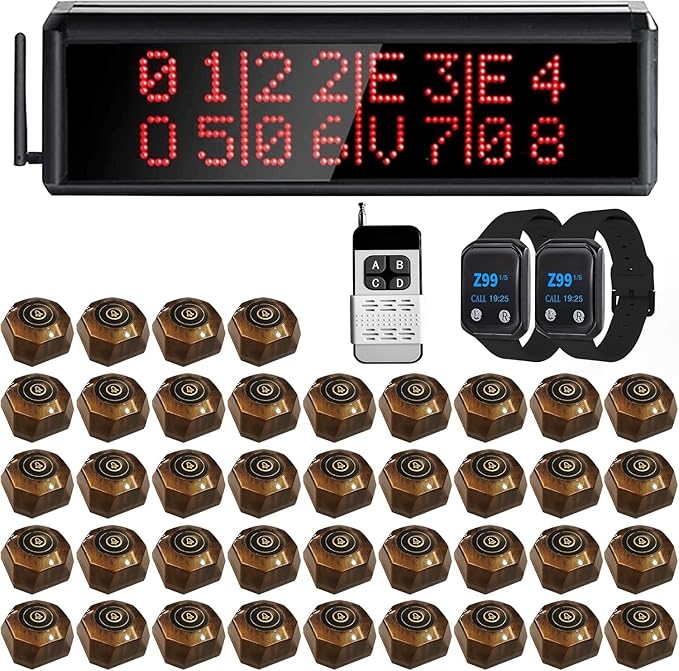 Restaurant Pager System Wireless Calling System with 1 Display Screen/1 Remote Control/2 Waterproof Watch Pagers/40 Call Buttons for Restaurant Server