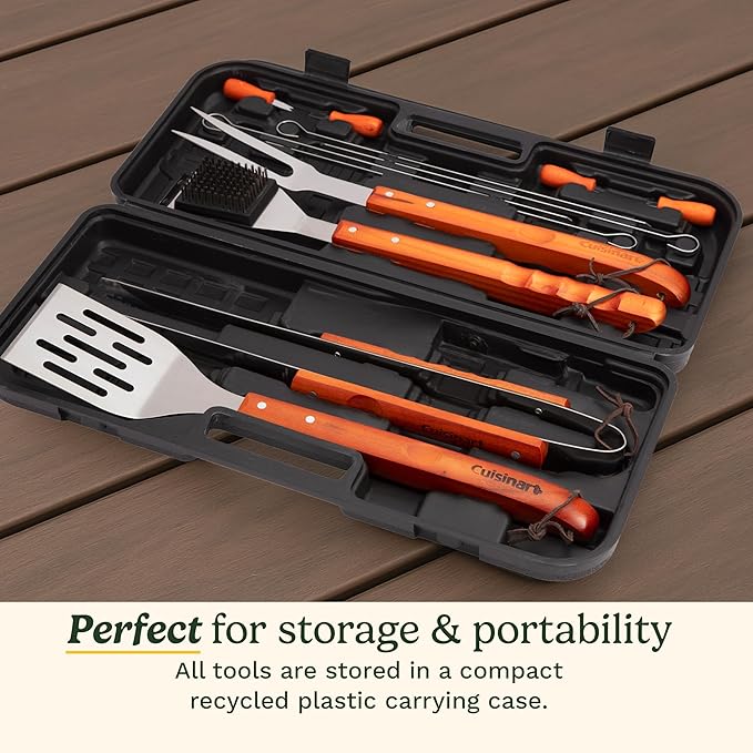 Cuisinart 13-Piece Wooden Grill Tool Set, BBQ Accessories and Grill Tools, Durable Stainless-Steel Utensils with Recycled Plastic Case, Spatula, Tongs, Cleaning Brush & More, Grilling Gifts for Men