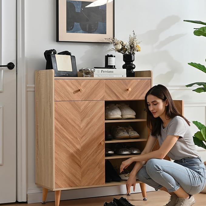 Shoe Storage Cabinet with 2 Doors, 20 Pairs Shoes Cabinet for Entryway with Adjustable Shelves and 2 Drawer, 31.5'' Wide Shoe Rack Shoe Organizer Cabinet for Entryway Living Room (Naturel)