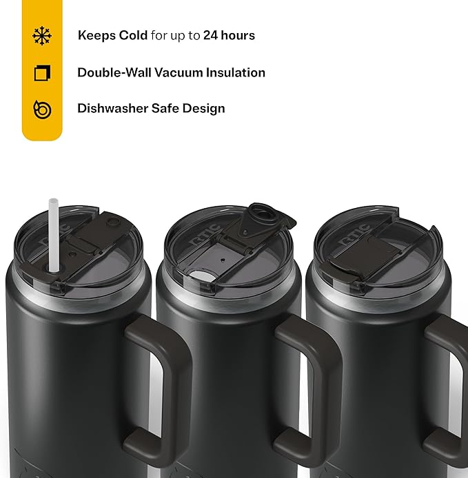 RTIC 64 oz Ceramic Lined Insulated Road Trip Tumbler, Leak-Resistant Lid, Black