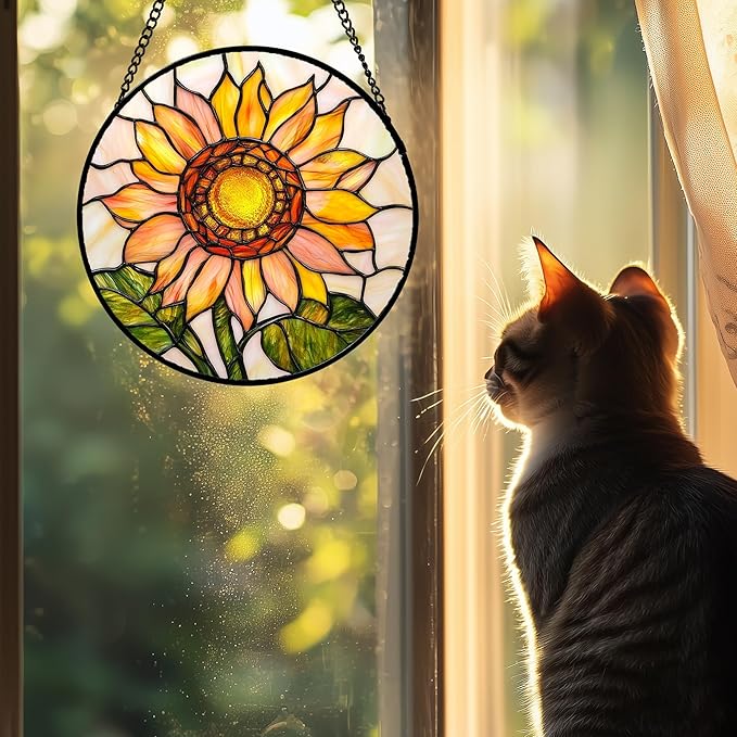 Stained Glass Window Hanging 4 Pcs Set Lily Rose Sunflower Poppy Large 15" - Flower Suncatcher Door Garden Sun Catcher Decor Birthday Mother's Day for Wife Woman Nana Girl