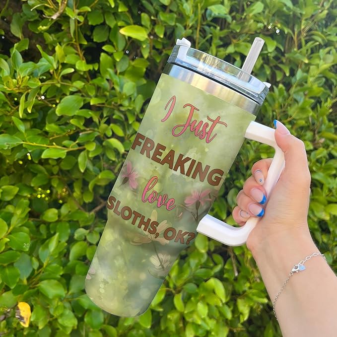 Personalized Sloth 40oz Tumbler with Handle and Straw Gifts for Sloth Lovers, Ideal Animal Lover Gifts For Women Girl, Unique Birthday Christmas Gift, Custom Name Stainless Steel Travel Cup