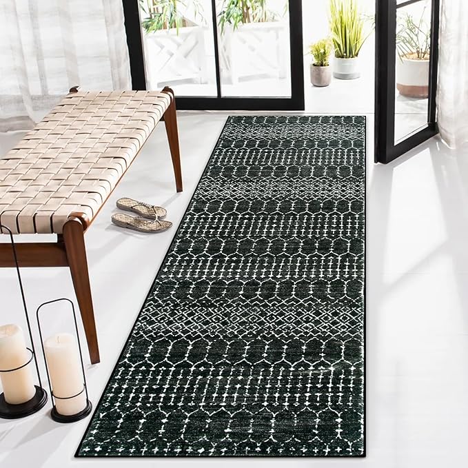 Lahome Moroccan Black Washable Runner - 2x5 Non-Slip Lightweight Laundry Room Rug Throw Soft Long Bathroom Rug, Geometric Print Carpet Runners for Kitchen Hallway (Black, 2'x5'')