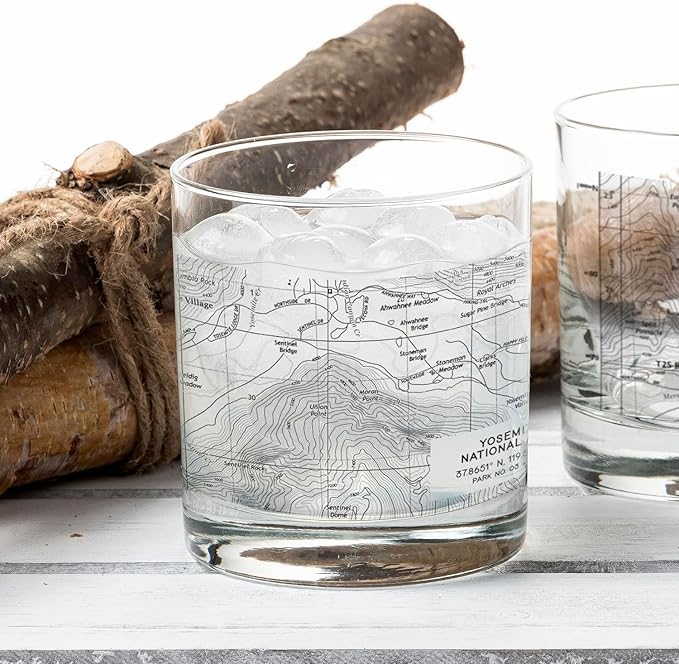 Acadia National Park Whiskey Glass Set of 2-11oz. Heavy Base Rock Glasses with Topographic Map and Gift Box