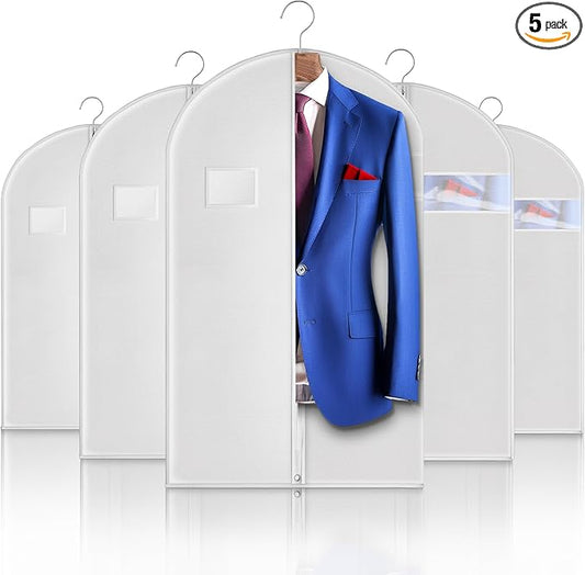5 Pack 40-inch Suit Bag Garment Bag for Travel and Storage, Garment Bags for Hanging Clothes with Zipper and Visible Transparent Window, White