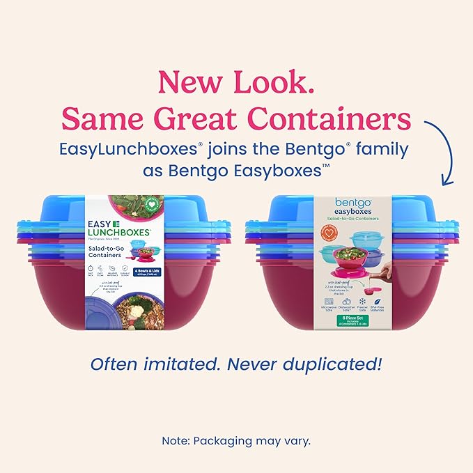 Bentgo Easyboxes Salad-to-Go Containers - 8-Piece Set: 4 Bowls, Leak-Proof Dressing Cups Built-In & 4 Fitted Lids Seal in Freshness; Reusable/BPA-Free for Salad, Pasta, & Cereal (Jewel Brights)