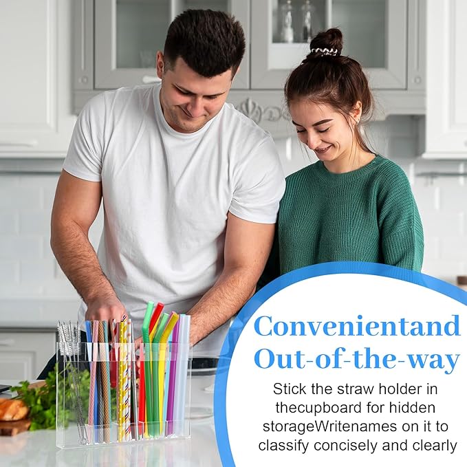 9.8" Large Acrylic Straw Holder for Cabinet Door with Ultra Sticky Double Sided Adhesive Tape, Reusable Straws Organizer, Transparent Storage Dispenser for Kitchen Counter Cupboard (2 Pcs)