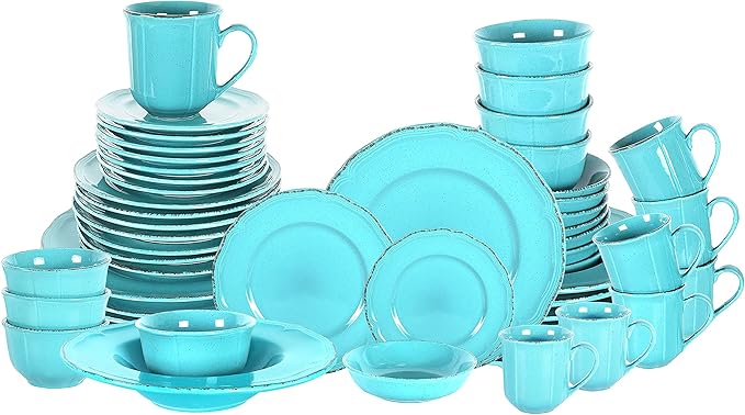 56pc Dinnerware Set, Plate and Bowl Set, Stoneware Dishes Set for 8, Microwave and Dishwahser Safe, Scratch Resistant, French Countryside Speckled Turquoise