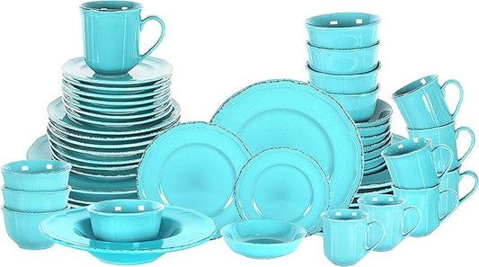 56pc Dinnerware Set, Plate and Bowl Set, Stoneware Dishes Set for 8, Microwave and Dishwahser Safe, Scratch Resistant, French Countryside Speckled Turquoise