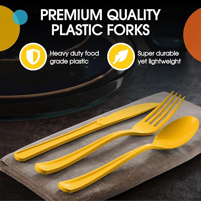 Party Solids Yellow Plastic Silverware Heavy Duty 150 Pieces Yellow Disposable Silverware Heavy Duty, Utensil Sets, 50 Of Each Forks, Knives & Spoons Disposable Cutlery Set For Party Supplies