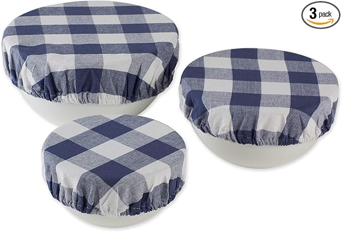 DII Reusable Cloth Bowl Cover Collection Machine Washable, Cotton with Elastic Stretch for Food Storage, 10.25"/8.25"/7.5" Diameter, Farmhouse Plaid, French Blue, 3 Piece