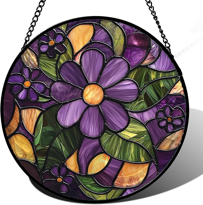 Stained Glass Window Hanging, Purple Green Flowers Sun Catcher for Door Home Decor Plants Suncatcher Christmas Mother's Day Birthday Gifts for Women Men Mom and Nana 6.3 in