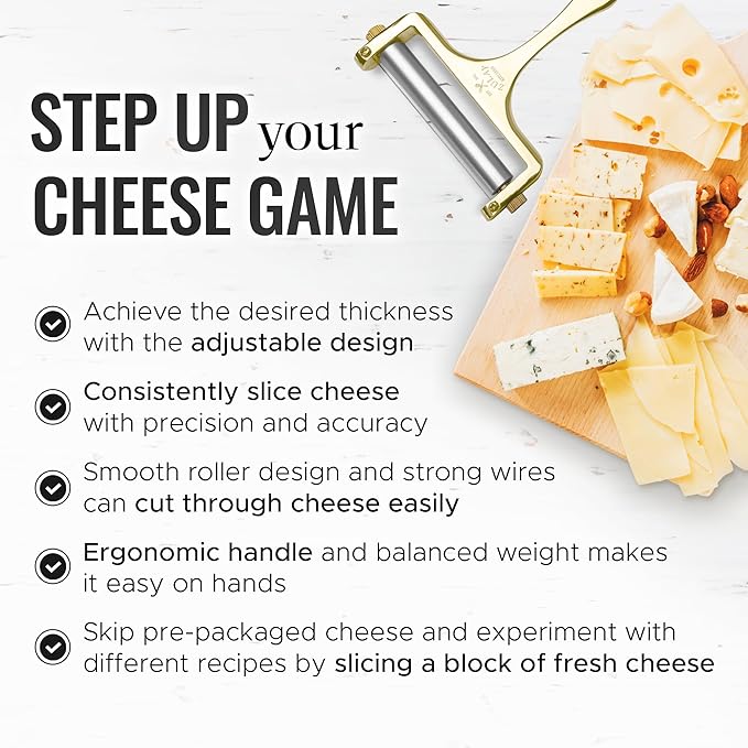 Zulay Kitchen Cheese Slicer With Adjustable Thickness – Heavy Duty Block Slicer with 2 Extra Wires – Ideal for Mozzarella, Cheddar, Gouda - Gold