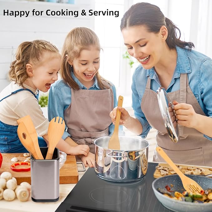 Kitchen Utensils Set, Bamboo Wooden Cooking Utensils Set with Spoons and Spatula for Nonstick Cookware, Simple Modern Kitchen Gadgets for Apartment Essentials/Camping/Travel/RV (5-Piece)