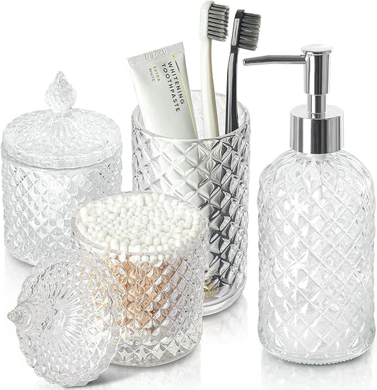 Bathroom Accessories Set, 4 Pack Clear Glass Bath Accessory Sets Complete, Diamond Soap Dispenser and Toothbrush Holder Set for Bathroom Counter Organizer Essentials, Modern Bathroom Decor