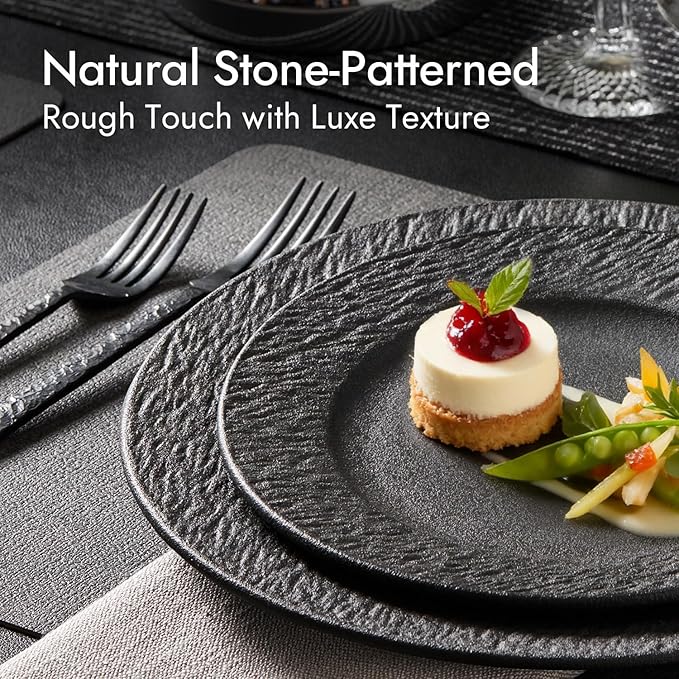 KINGSTONE Black Dinnerware Sets with flatware, 32-Piece Matte Marble Pattern Premium Porcelain, Place Setting with Dinner Plate, Salad Plate, Pasta Bowl, Microwave and Dishwasher Safe