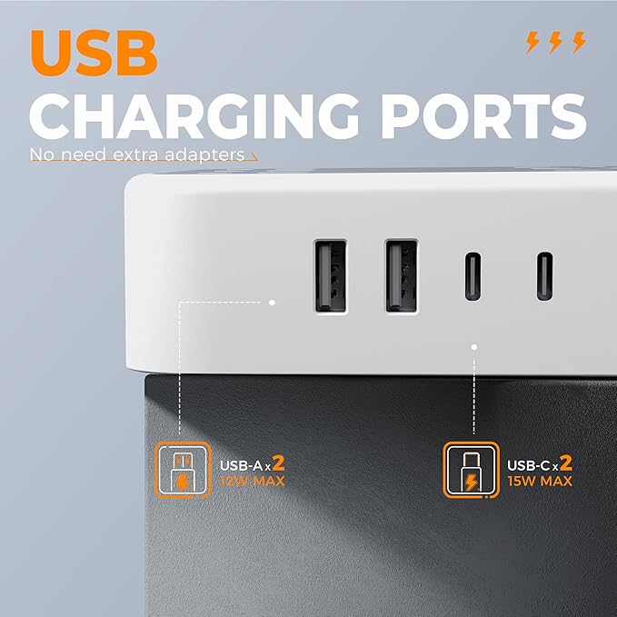 TESSAN Surge Protector Power Strip, 5FT Flat Extension Cord with Multiple Outlets, 12 Outlet Extender with 4 USB (2 USB-C), Flat Plug Power Strip, 1800J Surge Protection, Office, Dorm Essentials