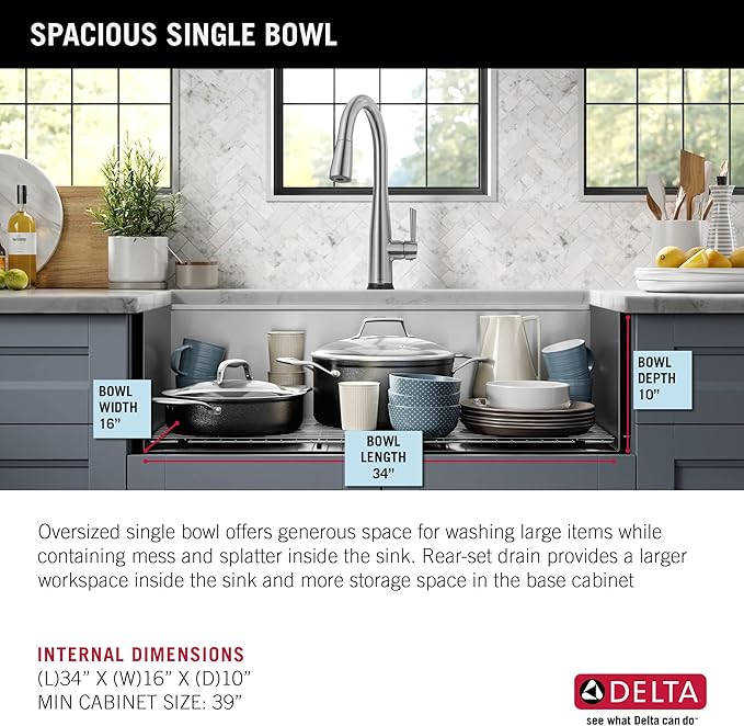 DELTA FAUCET Rivet 36-inch Workstation Farmhouse Apron Front Kitchen Sink Undermount 16 Gauge Stainless Steel Single Bowl with WorkFlow Ledge and Kit of 5 Accessories, 95C9031-36S-SS