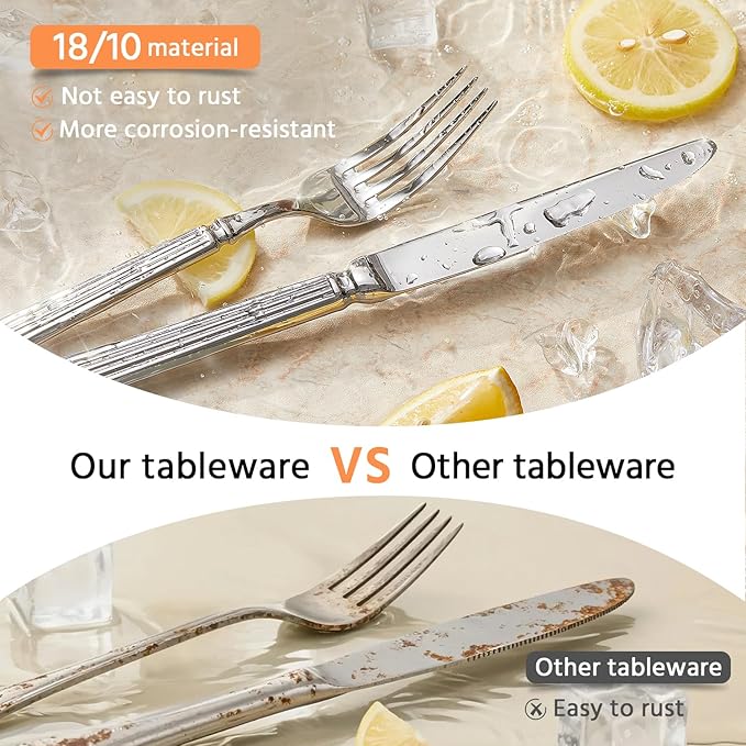 KINGSTONE Silverware Set, 20-Piece 18/10 Stainless Steel Flatware Set - Roman Column Embossed Thick Handle, for Wedding, Home, Restaurant, Kitchen and Party, Mirror Polish & Dishwasher Safe