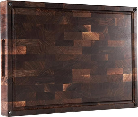 American Dark Walnut Wood Cutting Board 17"x12"x1.6" for Kitchen with Juice Groove, Inner Handles, Gift Box Packaging and End Grain Butcher Block Finished with Linseed Oil, Beeswax & Lemon Oil