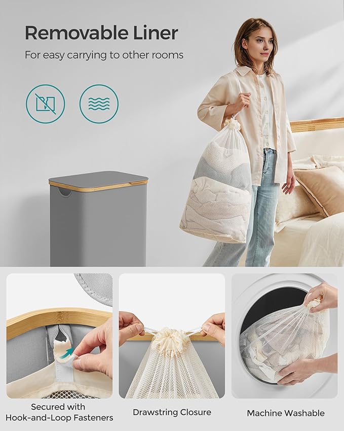 SONGMICS Laundry Hamper with Lid, Large Laundry Basket, 23.8 Gallons (90L), Removable Mesh Liner, Bamboo Handles, Collapsible, 16.5 x 12.6 x 27.8 Inches, Dove Gray ULCB509G01