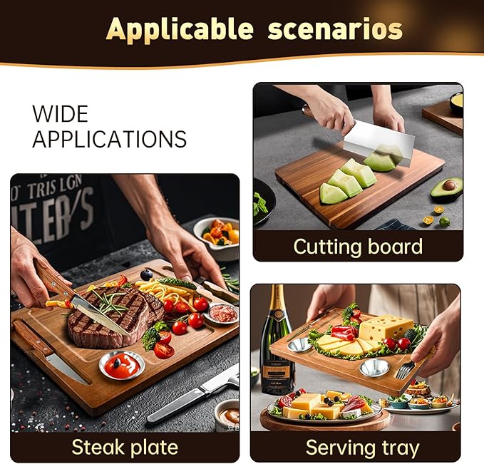 Acacia Wooden Steak Board - Steak Plate Cutting Board with Fork, Knife and Ramekins Wood Serving Board for Home 15.7 Inches (1 set)