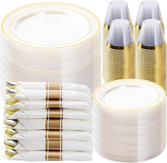 BESTVIP 700PCS Clear Gold Plastic Dinnerware Set for 100 Guests, Disposable Party Plate for Christmas and New Year, Include: 200 Plastic Plates, 100 Pre Rolled Napkins with Silverware, 100 Cups
