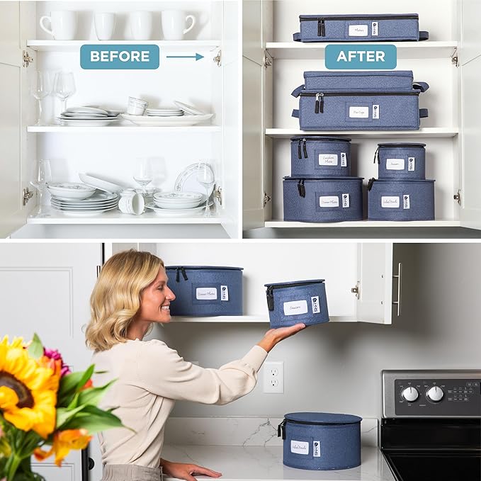 Hard Shell China Storage Containers 8-Piece Set Moving Boxes for Dinnerware, Glasses, Plates, Mugs and Saucers Sturdy Dish Organizer with Dividers for Seasonal Storage - Service for 12 - Denim Blue