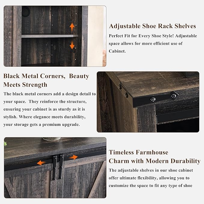 OKD Shoe Storage Cabinet with 2 Sliding Door, 7-Tier 62" Tall Farmhouse Entryway Shoe Organizer, Freestanding Rustic Hidden Shoe Rack Cabinet for Entryway, Dark Rustic Oak