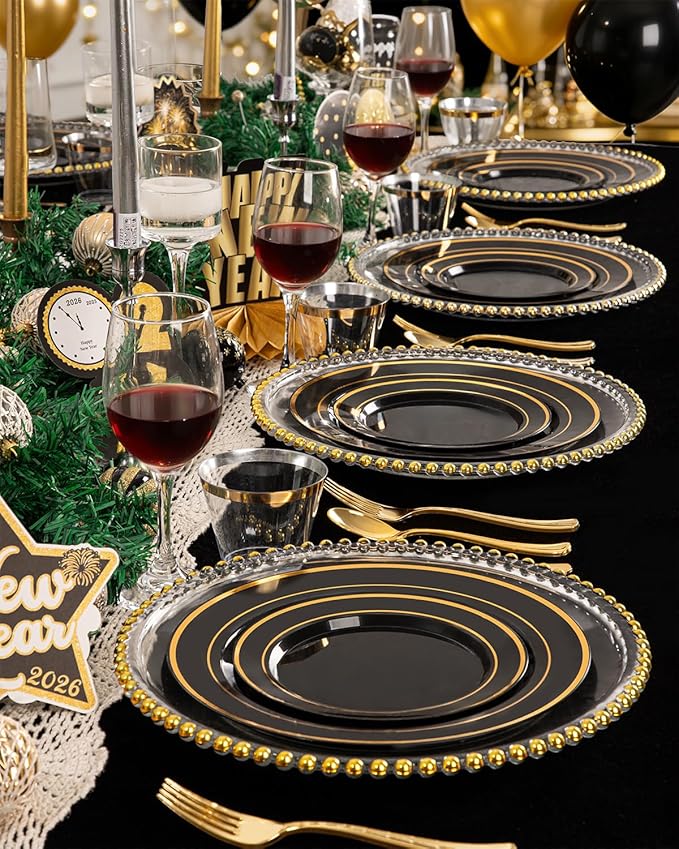 bUCLA 300PCS Black and Gold Disposable Dinnerware Set - 50 Guests Black Plastic Plates with Gold Rim Include 50 Dinner / 50 Dessert Plates, 50 Forks,50 Knives,50 Spoons&50 Cups for Party&New Year