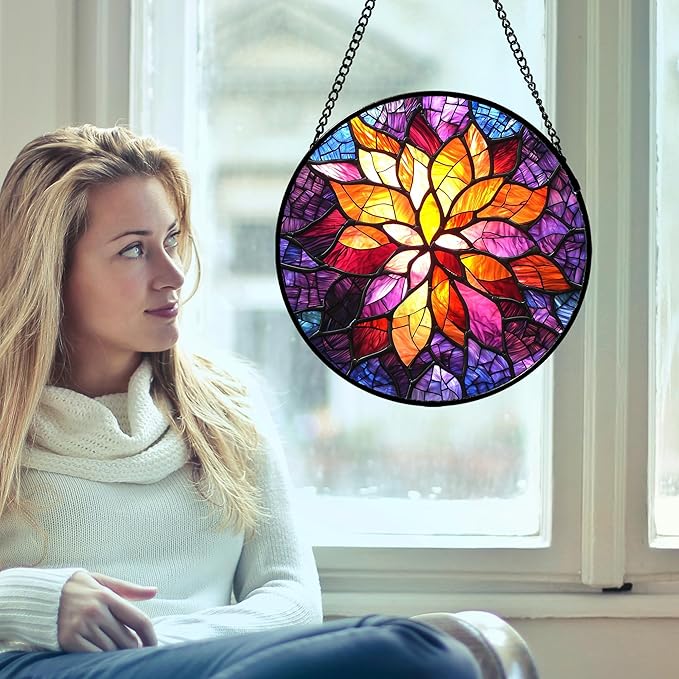 Stained Glass Window Hanging, Fuchsia Abstract Flowers Suncatcher for Window Home Decor Orange Sun Catcher Mother's Day Birthday Gifts for Women Men Mom Nana 6.3 in