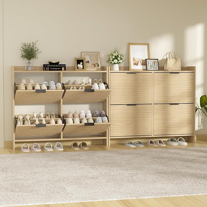 Large Shoe Storage Cabinet with 4 Flip Drawers, Wood Freestanding Shoe Organizer for Entryway Hidden Narrow Shoe Rack Cabinet, Nature Oak