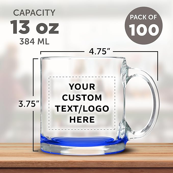 Custom Clear Glass Coffee Mugs 13 oz. Set of 100, Personalized Bulk Pack - Perfect for Coffee, Tea, Espresso, Hot Cocoa, Other Beverages - Blue Bottom